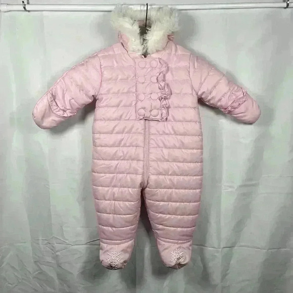 Babies R Us snowsuit 6 months pink zip button faux fur hood winter snow cotton - Picture 1 of 5